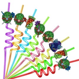 24PCS Green Turtles Birthday Party Plastic Straws for Teenage Cartoon Turtle Party Favors, Reusable Crazy Straws with 6 Style Patterns for Kids Party Supplies with 2 Brushes