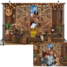 PGSWEER 7x5ft Western Cowboy Backdrop Cowboys Horse Photography Background Rustic Wooden Barn House Western Party Decorations Banner Photo Shoot Props