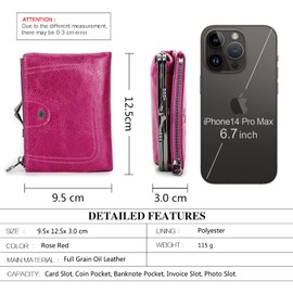Contacts Womens RFID Wallet with Kiss Lock,Genuine Leather Ladies Compact Bifold Coin Purse with Zip Pocket Vintage,Credit Card Holder Small Clutch with ID Window Rose Red