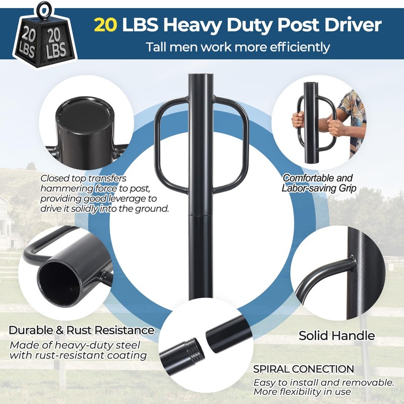 Fence Post Driver, 20LBS Fence Post Driver with Handle, 2.7