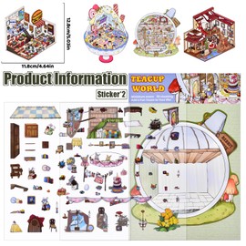 4 Sets DIY 3D Mini Vintage House Sticker Scenes with Tweezers Make Your Own Smoothie Burger Shop Teacup World Scene Stickers Cute Micro Animal Room Stickers for Relief Stress Pass The Time