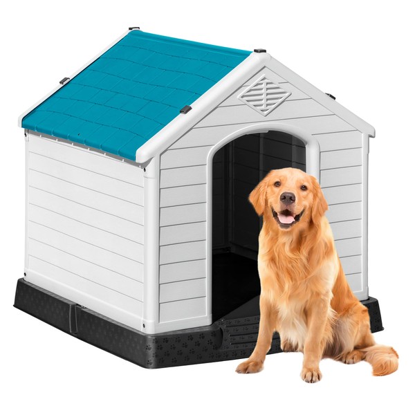 Rankok Waterproof Plastic Dog House, 34.5’’ Outdoor Indoor Doghouse for Small, Medium, Large Sized Dogs, Insulated Puppy Shelter with Elevated Floor, Dog Kennel Easy to Assemble (Blue, 34")