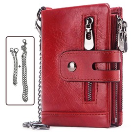 CRFASIBE Wallet Chain Wallets for Men Gothic Wallet with Zipper Red Wallet Anime Wallet Trifold Wallet Genuine Leather Purse(Red)