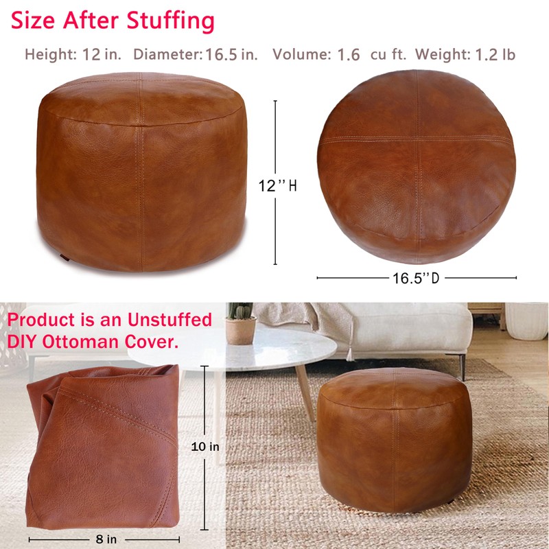 Thgonwid Unstuffed Faux Leather Pouf Cover, Handmade Footstool Ottoman Storage