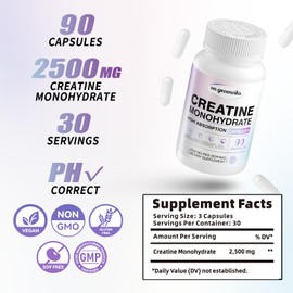 Creatine Monohydrate Capsules - Creatine Pills - 3 Creatine Capsules per Serving, 2500mg, Gluten Free, 90 Capsules