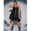 WDIRARA Women's Plus Size Spaghetti Strap Pu Leather Flared Hem