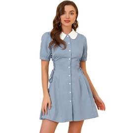 Allegra K Women's Vintage Peter Pan Collar Lace Up Button Down Dress Large Blue