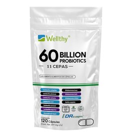 Wellthy Probioticos 60 Billones 11 Cepas. 120 Cápsulas 4 meses de Consumo, Cápsulas Veganas, DRcaps Acción Prolongada, Bottle Free.                   
