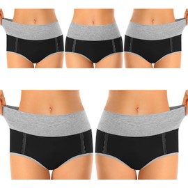 MISSWHO High Waisted C Section Postpartum Black Cotton Underwear Regular Soft Stretch Briefs Tummy Control Pack Panties (Size 5,Small)