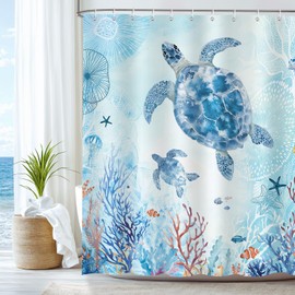Dazzlewall Sea Turtle Shower Curtain, 180 x 180 cm, Blue Sea Underwater World, Coral Reef Shower Curtains, Waterproof, Anti-Mould, Polyester Fabric, Bathroom Curtain for Bathroom with 12 Hooks
