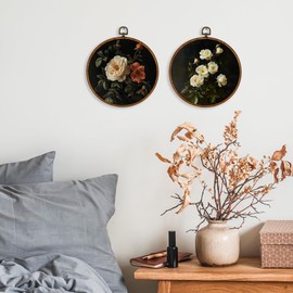 KSDUT Vintage Natural Flowers Wall Decor Art Set of 2 - Floral Botanical Wall Art Canvas Frame Hanging Prints, Mid Century Modern Round Wall Art Decor for Farmhouse Home Decorations 10"x10"