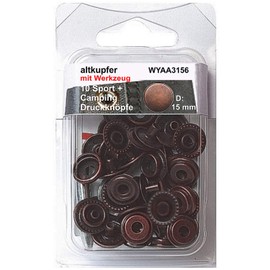 10 Press Studs Sport & Camping Antique Copper 15 mm Rust-Proof Metal with Tool and Instructions in SB Blister Pack, 3156