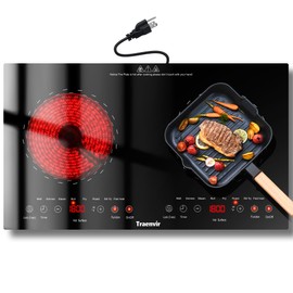 Traenvir 2 Burner Electric Cooktop, 24 Inch Countertop & Built-in Electric Stove 2000W, Portable Double Burner Ceramic Cooktop, Child Safety Lock, Timer, 8 Power Levels, 110V-120V Plug in