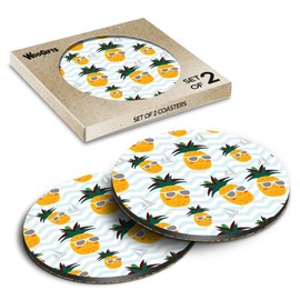 2 x Round Coasters - Pineapple Fruit Nautical Boat Pattern Cork Backed MDF Glossy Tea Coffee Accessory #170307