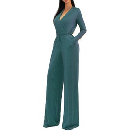 Vivicastle Women's USA Sexy Wrap Top Wide Leg Long Sleeve Cocktail Knit Jumpsuit (Medium, Teal)