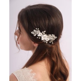 Teyglen Flower Wedding Hair Clips Crystal Pearl Bridal Hair Barrette for Bride Silver Leaf Headpiece Rhinestone Hair Piece Hair Jewelry for Women (Silver)