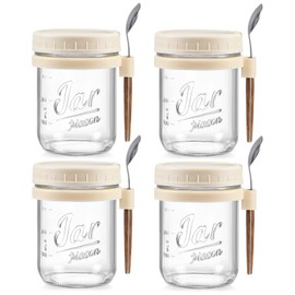 LANDNEOO 4 Pack Overnight Oats Containers with Lids and Spoons, 16 oz Glass Mason Jars with Airtight Lids, Overnight Oats Jars for Milk, Cereal, Fruit-Beige