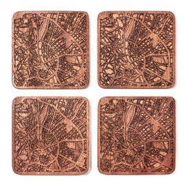 Budapest Map, Sapele Wood Coasters, Set of 4 with City Map, Multiple City Optional, Handmade