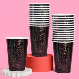 xo, Fetti Black Iridescent Shimmer Paper Cups | 50 pcs 12 oz | Bachelorette Party Drinkware, Birthday Tablescape Supplies, NYE Disco Rave Decor