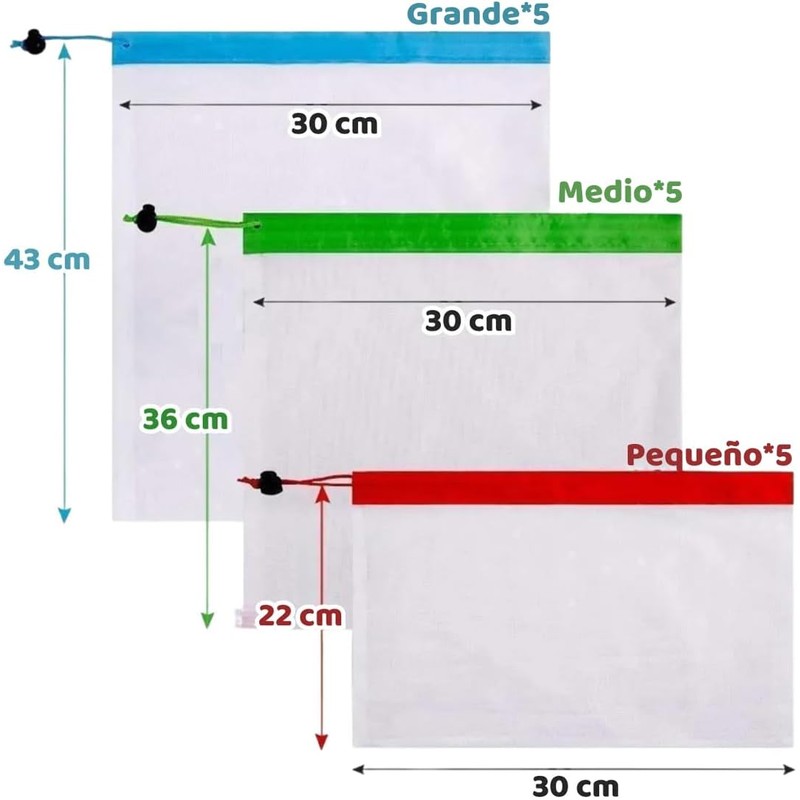 Set 15pzs Bolsas Ecológicas Reutilizables Malla Lavables Para Guardar Fruta