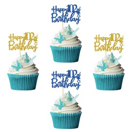 RoadSea Happy 102nd Birthday Cupcake Toppers - Women Men 102 Years Old Birthday Cupcake Supplies - 102nd Birthday Party Decorations - 24 PCS Blue & Gold Glitter (102nd)