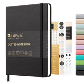 &And Per Se Dotted Journal Notebook, A5 Hardcover Leather Bullet Dotted Journal, 160 Pages 100 gsm Thick Dotted Paper，3 Sheets of Stickers Included for Women Men, Work Office or School - 5.7'' x 8''（Black）