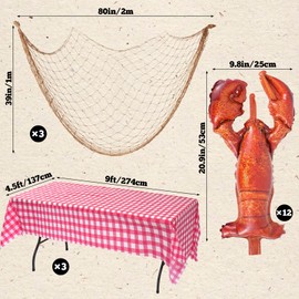 18 Pcs Crawfish Boil Party Supplies Includes Lobster Balloons Crayfish Themed Decorative Tablecloth Fish Net Funny Inflatable Lobster Balloons for Ocean Nautical Birthday Party Decor