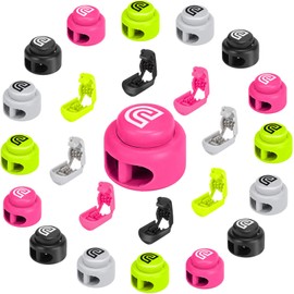 DIFFWAY Nylon Cord Locks for No Tie Shoelaces - 32Pcs, Two Hole Heavy Duty Spring Toggle Stoppers with End Clips Fastener for Drawstrings (Black-Grey-Yellow-Pink - 32Pcs)