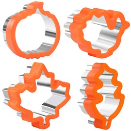 KAISHANE Thanksgiving Cookie Cutters,4 Pieces Stainless Steel Sandwich Cutters with Comfort Grip,Fall Holiday Biscuit Cutter Set for Thanksgiving Baking-Pumpkin,Maple Leaves,Turkey,Leaves