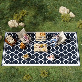 Outsunny Reversible Outdoor Rug, 9' x 18' Waterproof Plastic Straw Floor Mat, Portable RV Camping Carpet, Large Floor Mat for Backyard, Deck, Picnic, Beach, Blue & White