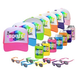 Beaches Booze & Besties PARTY PACK (Set of 7) Party Favor Gift for Parties Spring Break Girls Trip Weekend Getaway for Friends Multipack Pack Sunglasses Drink Holder Trucker Hat (7 Sets)