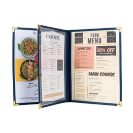 Ylittaa Menu Covers/Booklet, Triple Page, 3 Pockets, 6 View, for 8.5" x 11" Letter Size Paper, Pack of 6, Blue Edging + Gold Metal Corner, Made with Leatherette & Vinyl