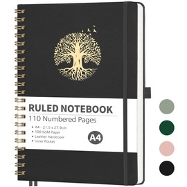 RETTACY Lined A4 Notebook Spiral-College Ruled Notebook,Large Hardcover Leather Journals 110 Numbered Pages,Notepad for Work School Business,100gsm,Sticky Notes,21.5 x 27.9cm - Black