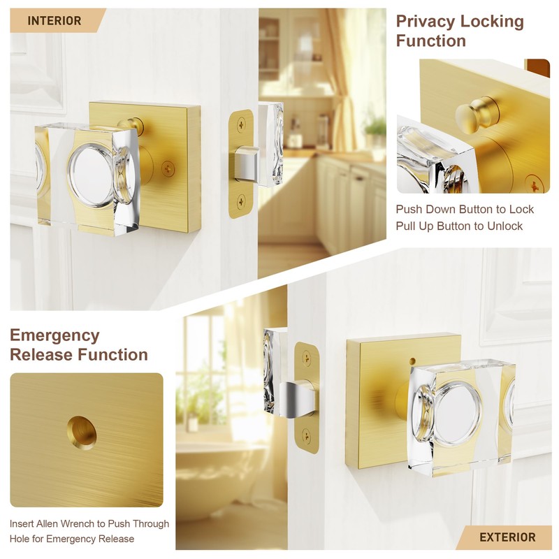 Brushed Gold Door Knob Privacy Crystal Glass Interior Lock, Satin
