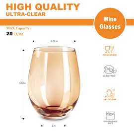 LUXU Amber Stemless Wine Glass(Set of 4)-20 Ounces,Colored Water Juice Drinking Glasses,All-Purpose Glass Wine Tumblers,No Stem Glass Beverage Cups,Perfect for Home,Bar,Restaurants and Parties