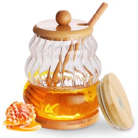 Loscarol Honey Pot with Dipper & Sealed Lid - 15 oz Glass Honey Jar with Wooden Honey Dippers Stick Tray Set, Wide Mouth Honey Containers - Airtight Syrup Dispenser for Home Kitchen
