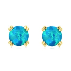 Bellitia Jewelry 925 Sterling Silver Gold-Plated / White Gold-Plated Small Round Blue Opal Stud Earrings for Mother's Day Valentine's Day Hypoallergenic Earrings for Women Ladies Girls 5 mm, Sterling