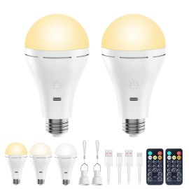 Brightown 2 Pack Rechargeable E26 LED Light Bulb with Remote 3 Color Temperatures