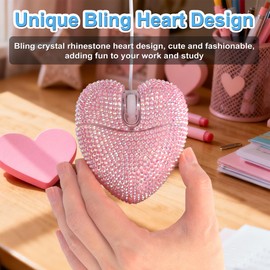 Wired Mouse Cute Bling Crystal Rhinestone Pink Heart Shape Computer Mice with 4.59ft Cord 3 Buttons 2.4GHz Optical Portable Kawaii USB Corded Mouse for Laptop PC Desktop Notebook Kids Adults Gift