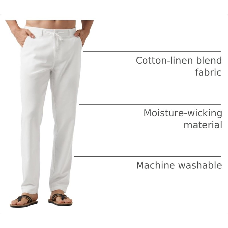 Willit Men's Linen Pants Beach with Pockets White 34W x