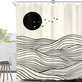 Homewelle Abstract Sun Sea Wave Shower Curtain Boho Retro Black Beige Sunrise Sunset Ocean Line Minimalist Modern Simple 60Wx72H Inch Mid Century Aesthetic Waterproof Polyester Fabric Bathroom Bathtub