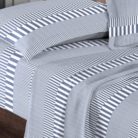 Pizuna Pure 100% Cotton Sheets RV Queen Size, Luxurious 400 Thread Count Long Staple Cotton Sateen Sheets RV Queen with 15inch Deep Pocket (Combed Navy Cascade Stripe Cotton Sheets RV Queen)