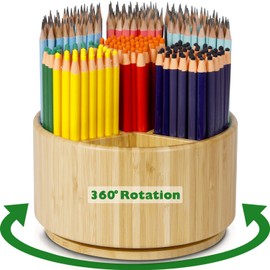 Bamboo Rotating Round Art Supply Organizer, Pencil Holder Desk Organizer with 7 Compartments, Office Supplies Desktop Storage Caddy for Colored Pencils, Markers, Paint Brushes and Cooking Utensil