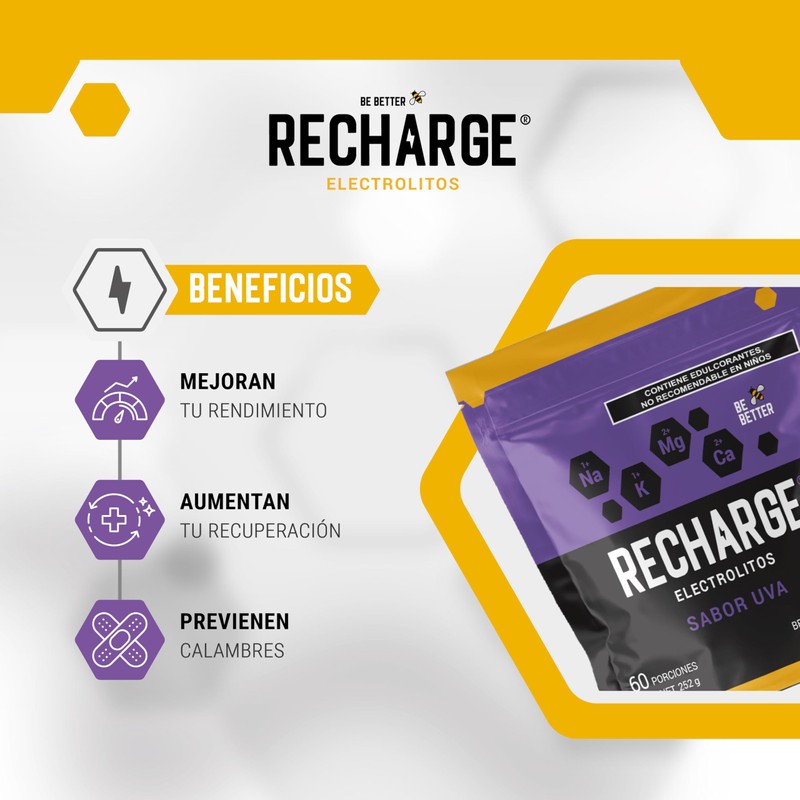 Be Better RECHARGE, Electrolitos En Polvo 60 Porciones, Sabor Uva,