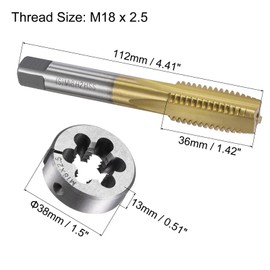 Boxonly Tap and Die Set Metric M18x2.5,HSS (High Speed Steel) Titanium Plated Machine Straight Flute Thread Screw Tap,Alloy Steel Round Threading Die