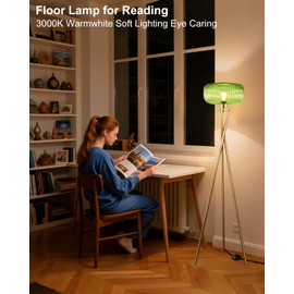 Lightdot Glass Tripod Floor Lamp for Living Room, Modern Gold Standing Lamp with Green Ribbed Glass Lampshade, Arc Tall Lamp for Bedroom Office Reading Room, (LED Bulb Included)