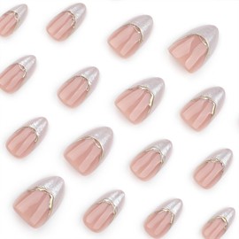 French Tip Press on Nails Short Almond Fake Nails with 3D Golden Lines Designs White Nails Press ons Glossy Glue on Nails Nude Acrylic Nails Fall False Nails Stick on Nails for Women 24Pcs