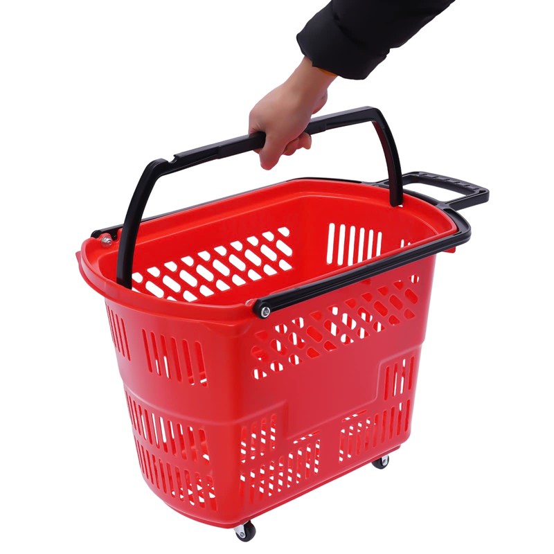 6PCS Plastic Shopping Basket with Handles&Wheels, 35L Rolling Shopping Cart