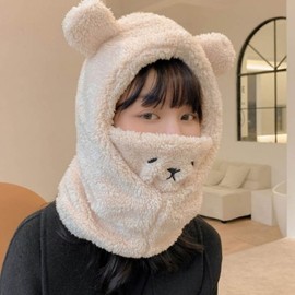 Integrated Bear Ear Mask Lovely Warm Winter Hat with Fur Lining - Perfect for Gifting Comfortable Gray Free Size