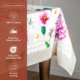 Maison d' Hermine Table Cloth Rectangle Table 100% Cotton 60 x 90 Inches Tablecloth Reusable Decorative Everyday Use for Dining Room, Farmhouse, Home, Party, Festive & Wedding Spring Summer - Pivoine